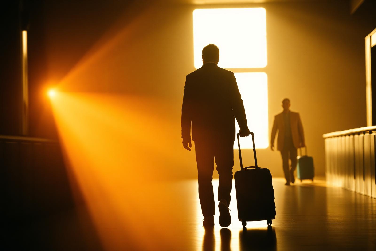 Person walking with a suitcase toward a bright airport window