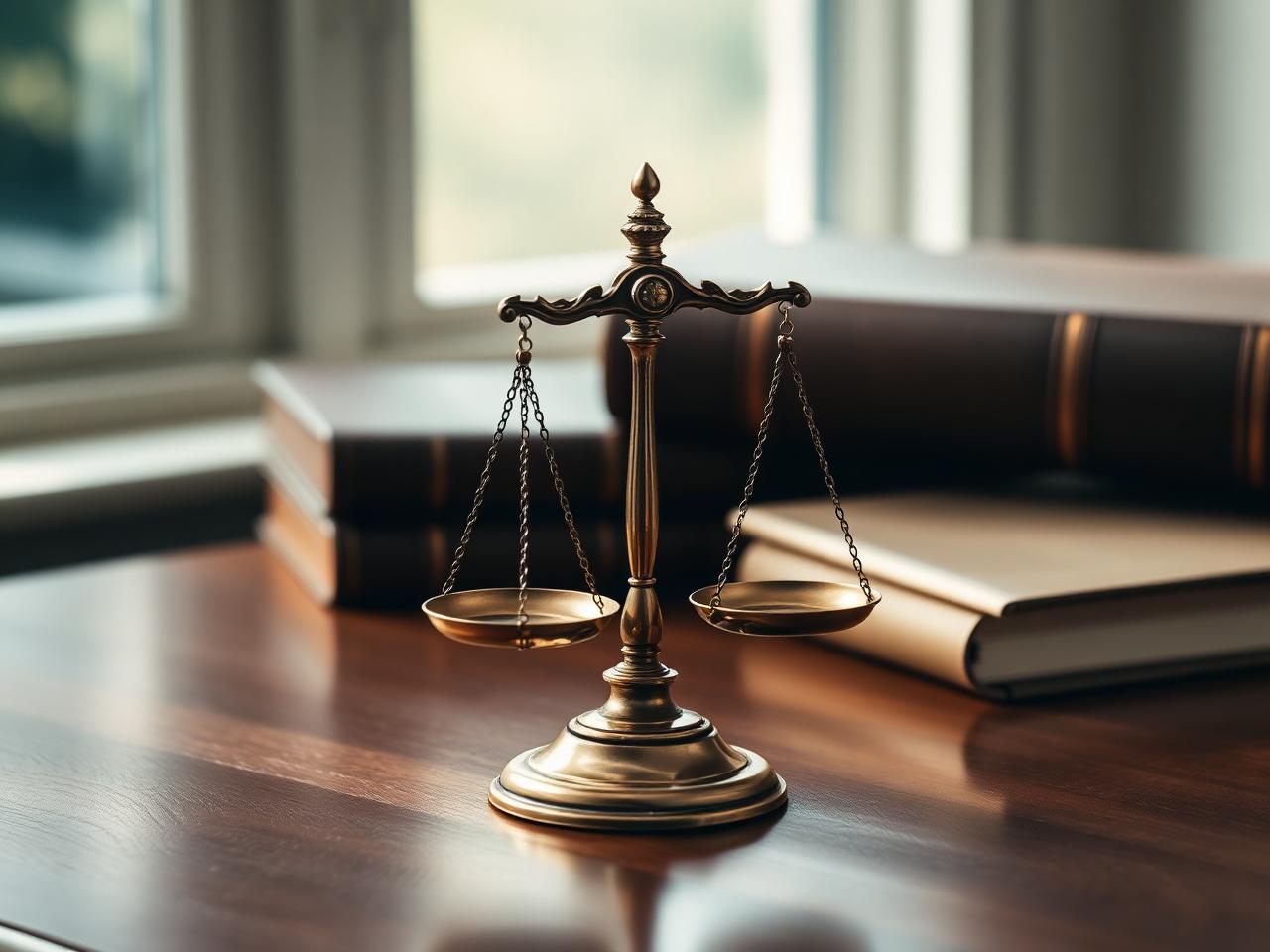 Brass scales of justice on a polished walnut desk